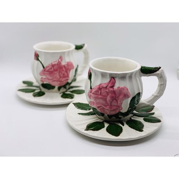 Pacific Rim Rosebud Tea Cups and Saucers with Raised Rose Design - Set Of 2 - Picture 1 of 10